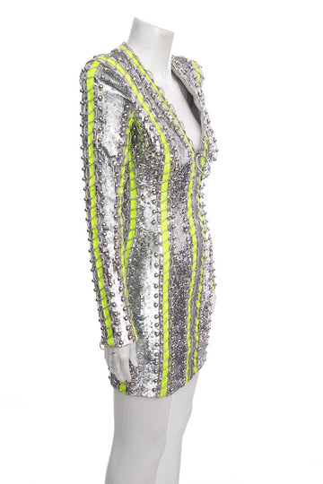 Balmain Silver & Green Sequins Embellished Dress SZ 38