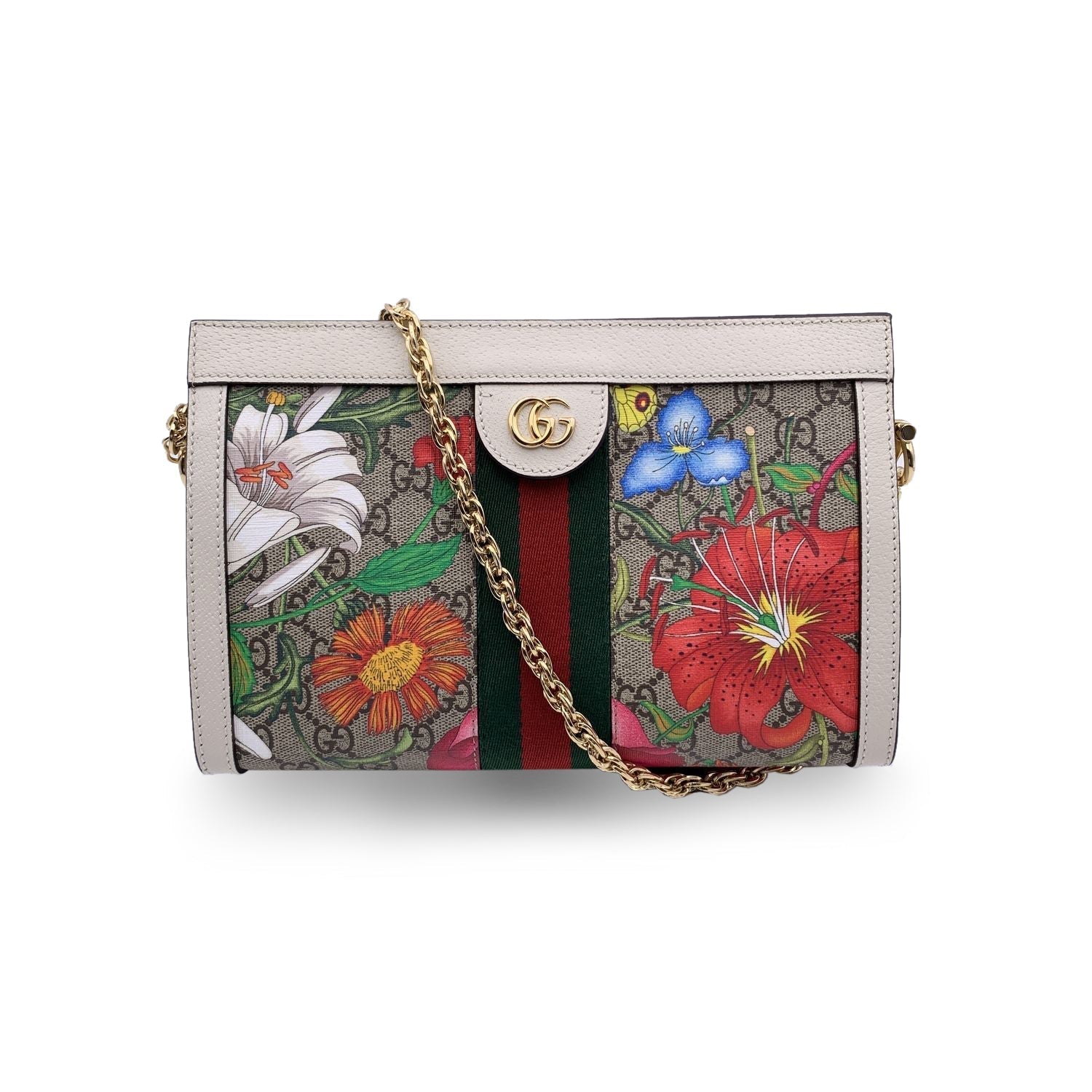 GUCCI Monogram Canvas Flora Ophidia Shoulder Bag White