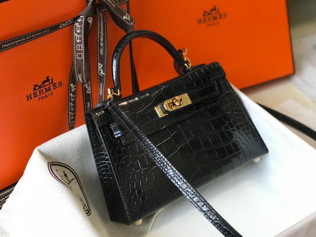 HM Mini Kelly 19 Black Crocodile Bag For Womtlm, Handbags, Shoulder Bags 7.5in/19cm