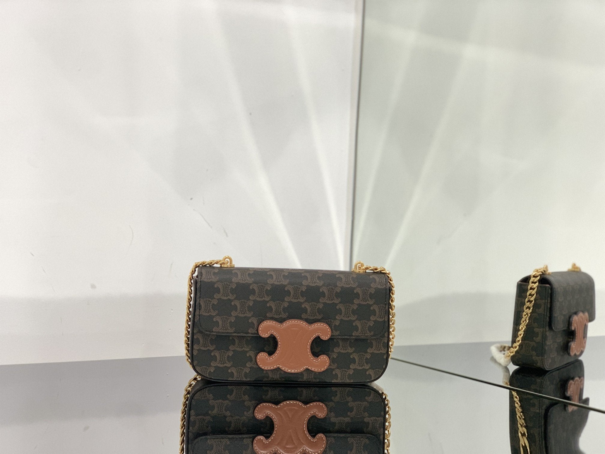 CE Chain Shoulder Bag Cuir Triomphe In Triomphe Canvas Tan For Womtlm 7.9in/20cm