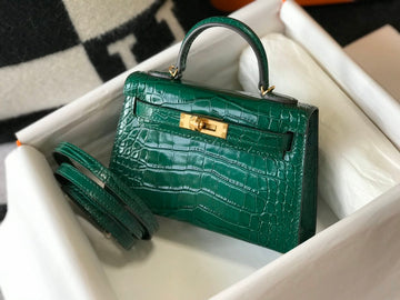 HM Mini Kelly 19 Embossed Pattlmt Emerald Color Bag With Gold-Toned Harware For Womtlm, Handbags, Shoulder Bags 7.5in/19cm