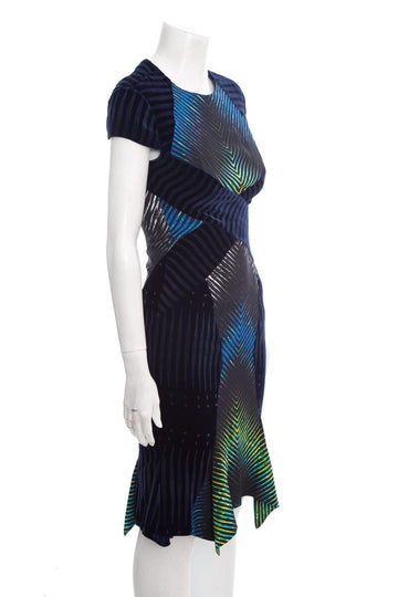Peter Pilotto Blue Stripe and Velvet Short Sleeve Dress SZ 6