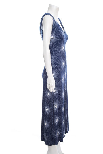 Paco Rabanne Blue Star Print Jersey Maxi Sleeveless Dress SZ XS