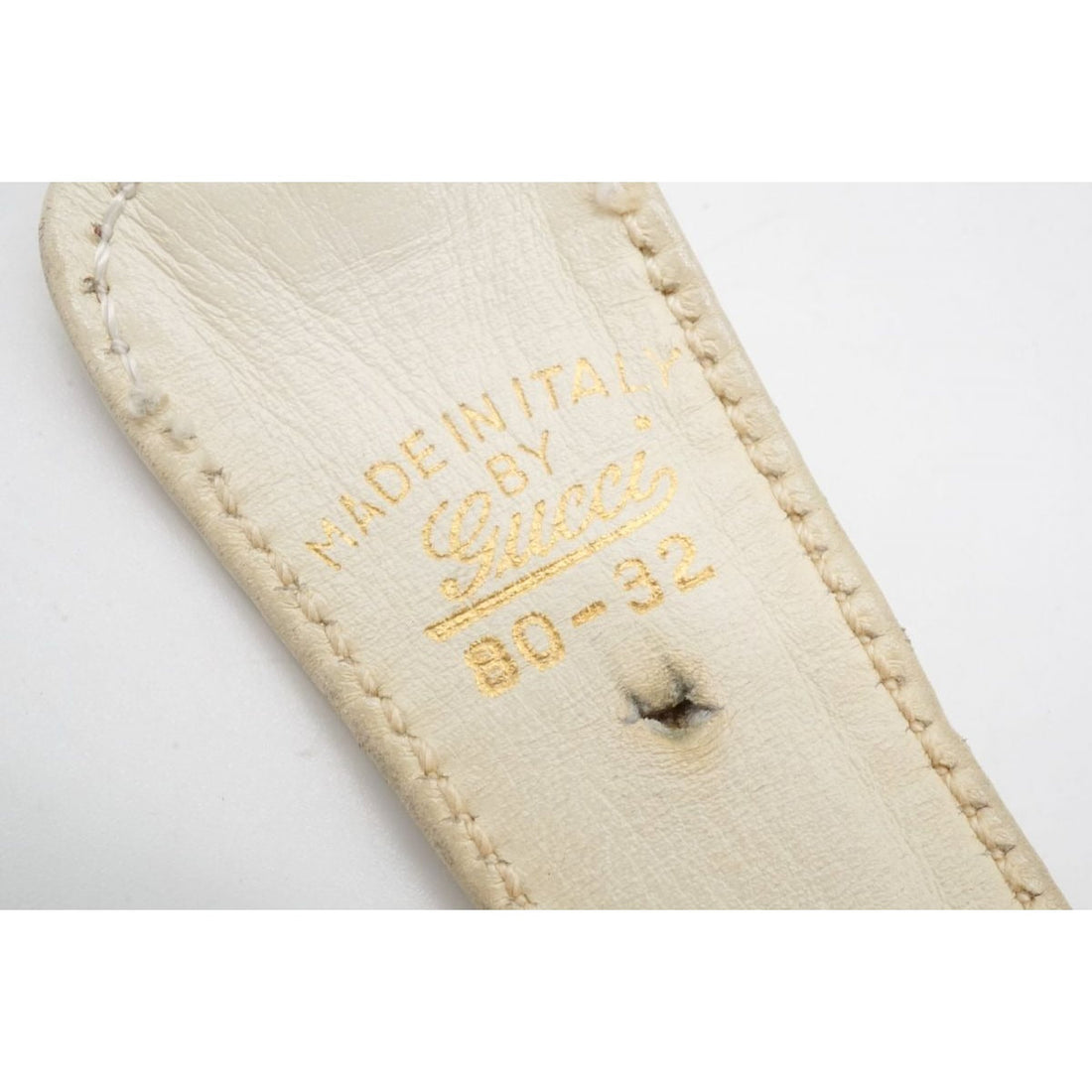 vintage, Gucci, size 80/32, white leather belt with a round, gold buckle with red and blue enamel & two braided leather strands