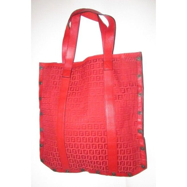 Fendi Early Xl Satchel Purses Red Zucchino Or Small F Logo Print Canvas And Red Leather Tote