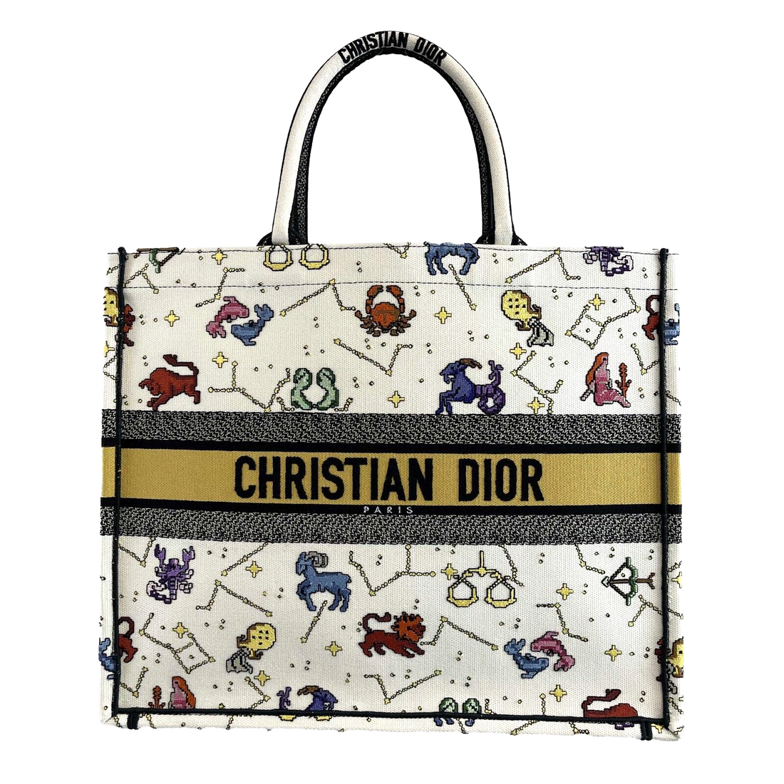 DIOR - NEW 2022 Large Pixel Zodiac Embroidered Canvas Book Tote