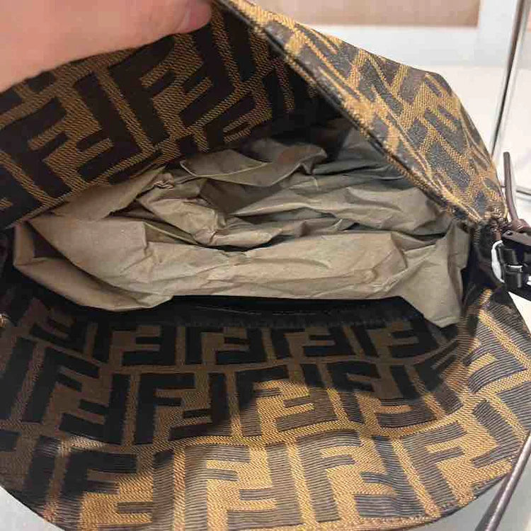 Fendi Zucchino Double Flap Baguette Shoulder Bag, Brown Canvas & Leather