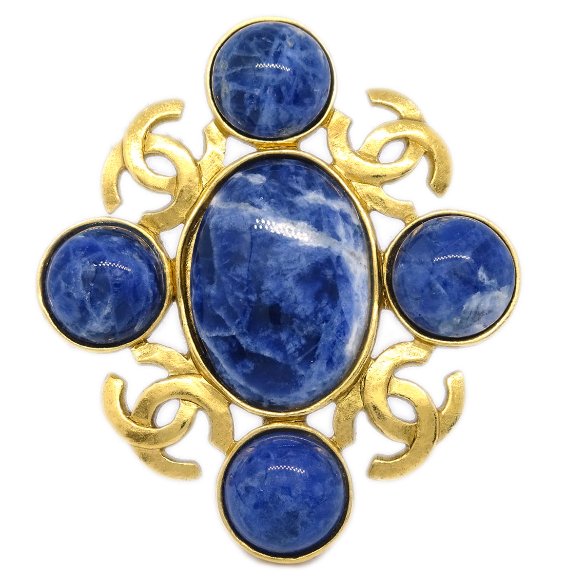 Chanel Stone Brooch Pin Gold Blue 95A