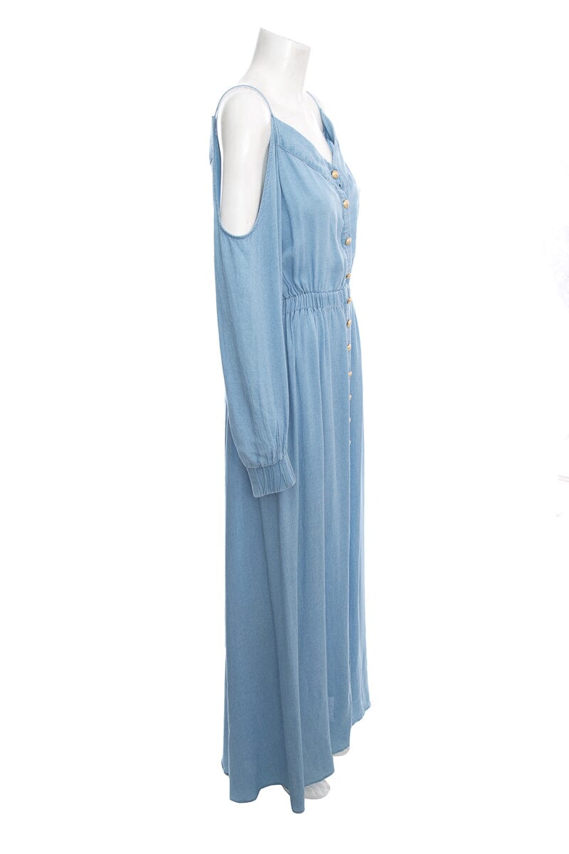 Balmain Denim Cold Shoulder Maxi Dress SZ 44
