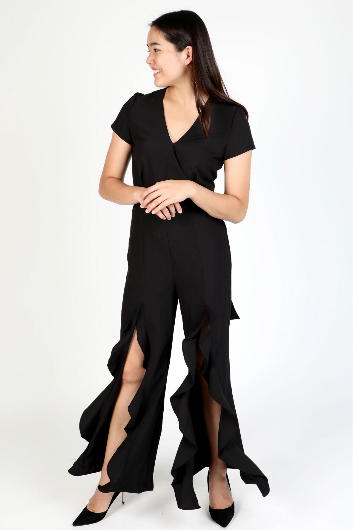 Ruffled Split Front Jumpsuit Black