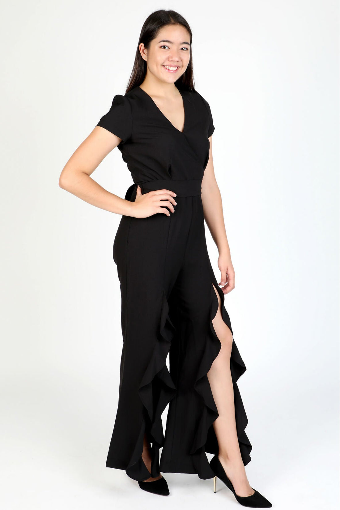 Ruffled Split Front Jumpsuit Black