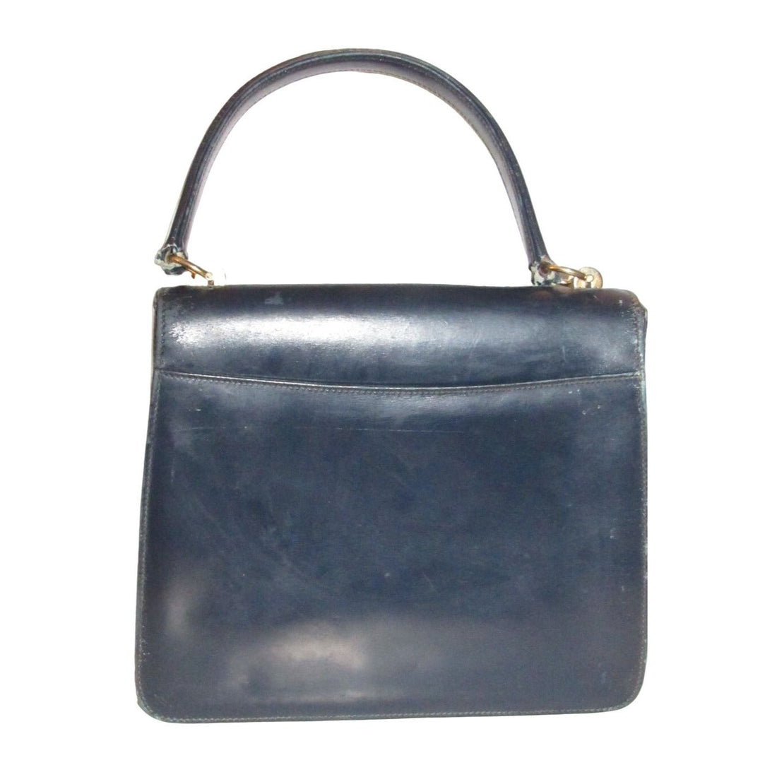 One of a kind, early Gucci, 1960's mod, hard and boxy, structured, navy leather, top handle shoulder bag with gold, equestri