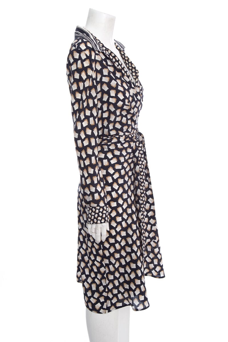 Max Mara Black and Beige Silk Printed Wrap Dress SZ 12