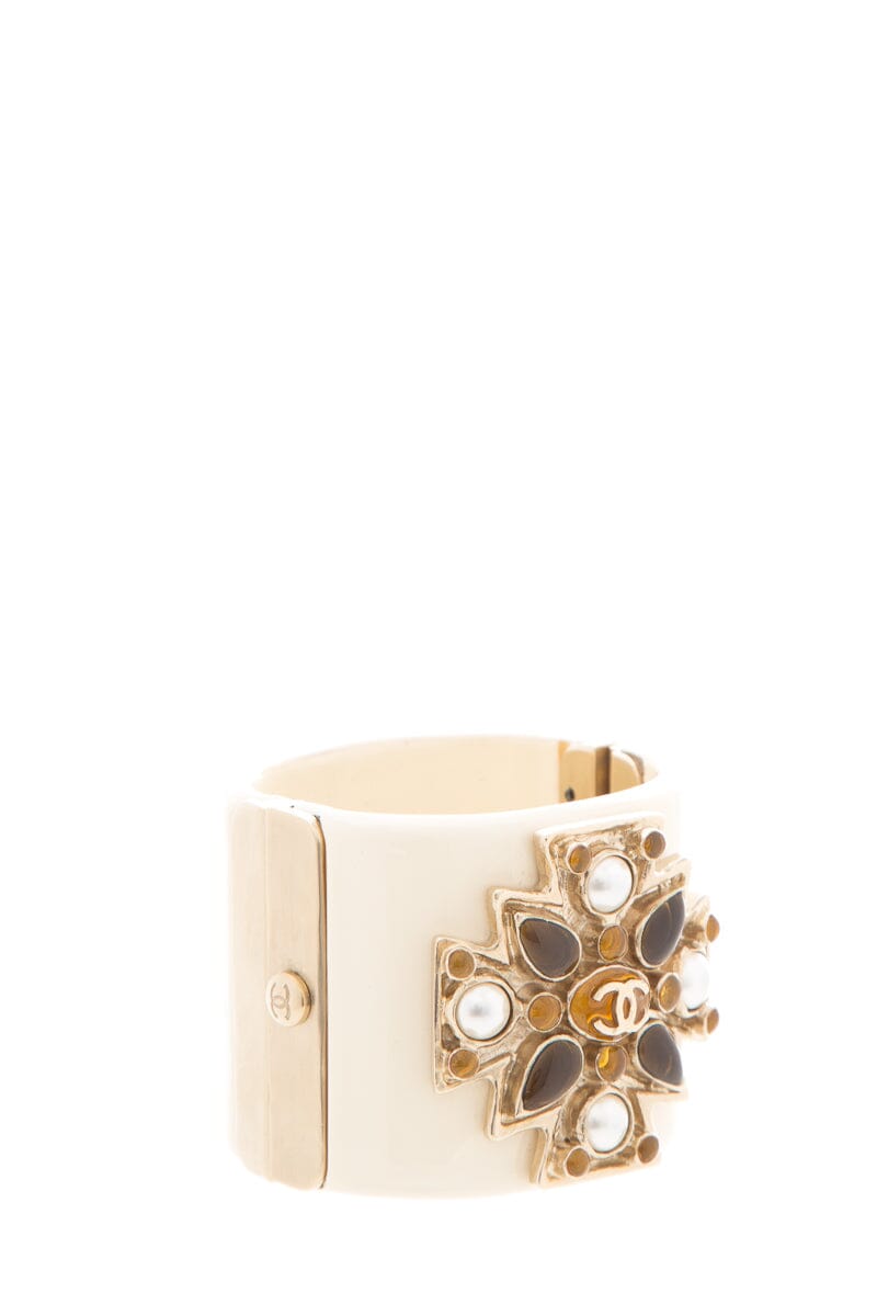 Chanel 2013 Cream Pearl & Yellow Studded Logo Cuff Bracelet