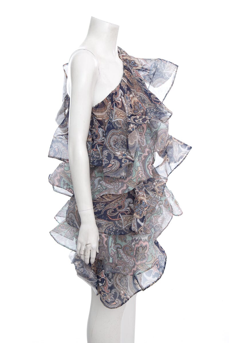 Bronx & Banco Navy Paisley Printed One-Shoulder Ruffle Dress SZ S