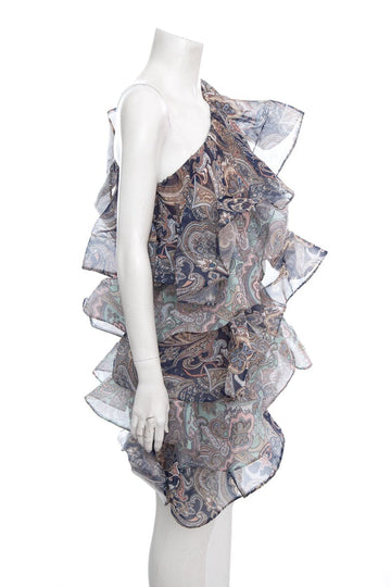 Bronx & Banco Navy Paisley Printed One-Shoulder Ruffle Dress SZ S