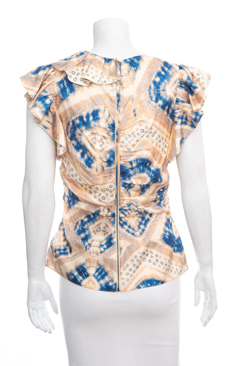 Ulla Johnson Beige & Blue Silk Ruffle Printed Blouse SZ 4