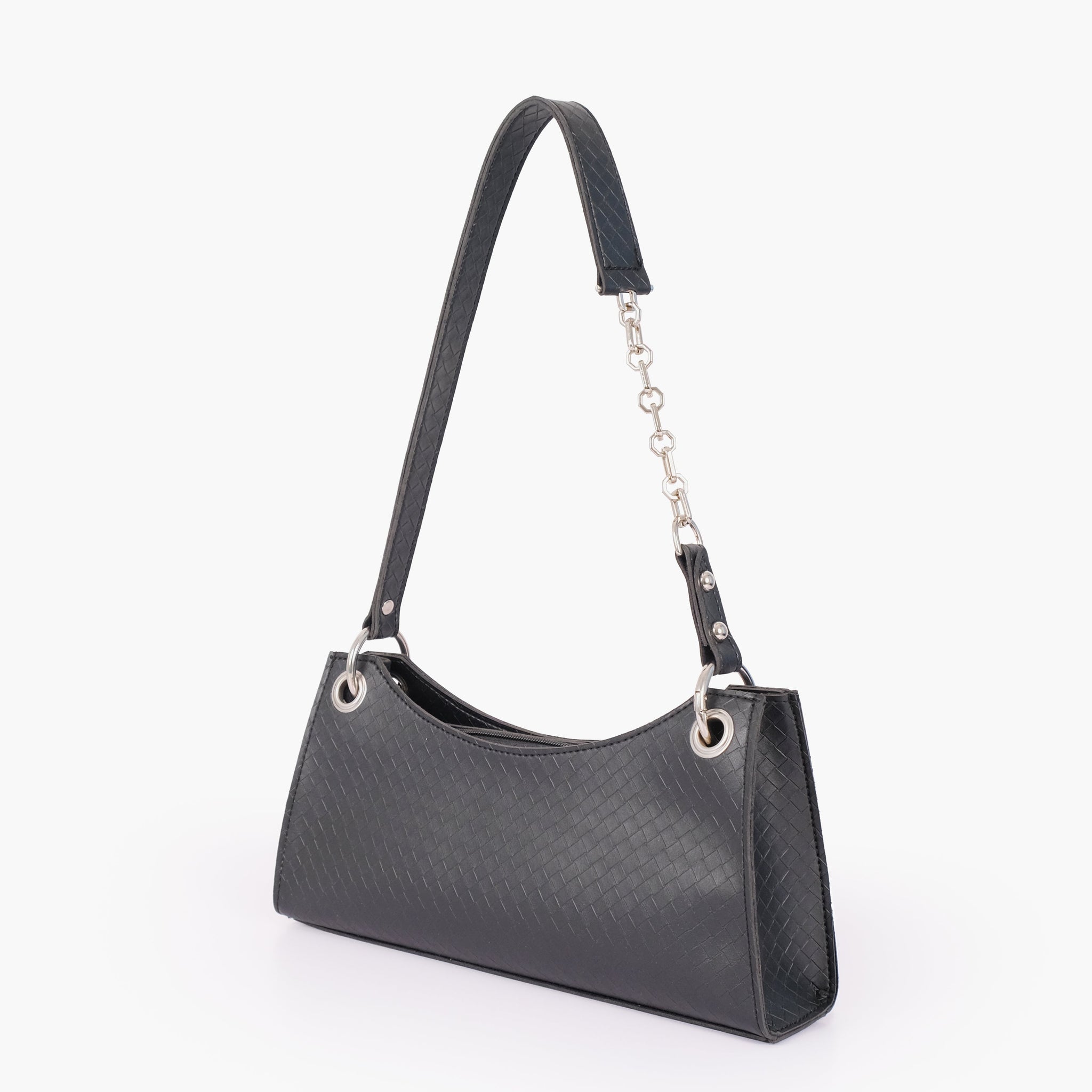 Black weaved elongated chain handle purse