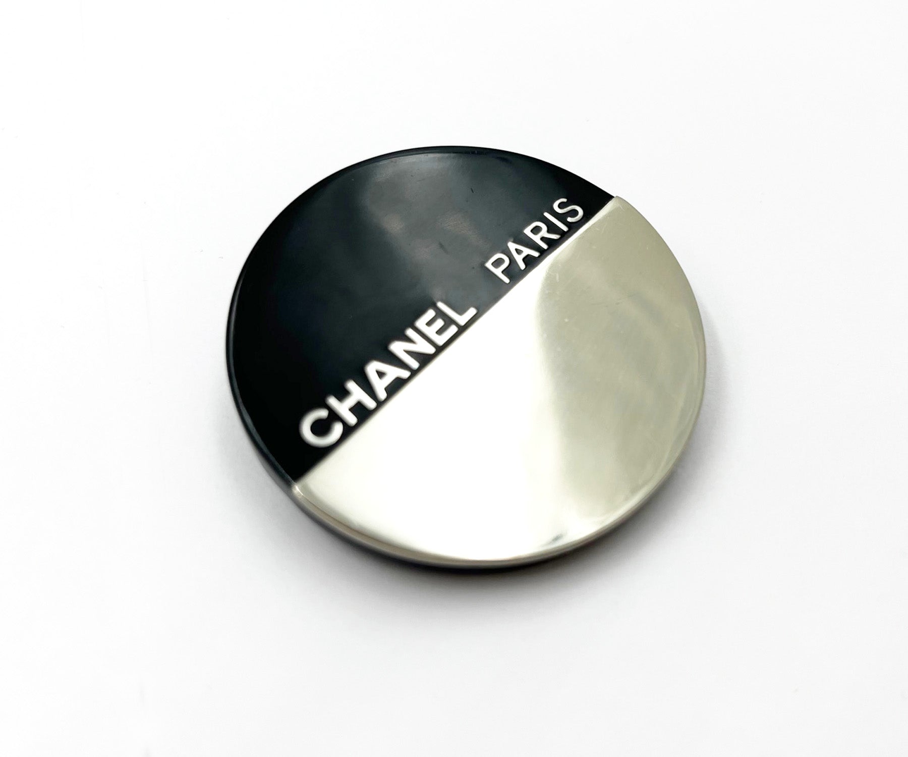 CHANEL Silver Black CC Half Half Round Brooch