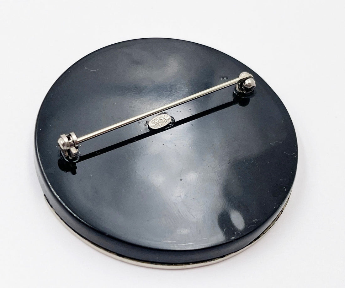 CHANEL Silver Black CC Half Half Round Brooch