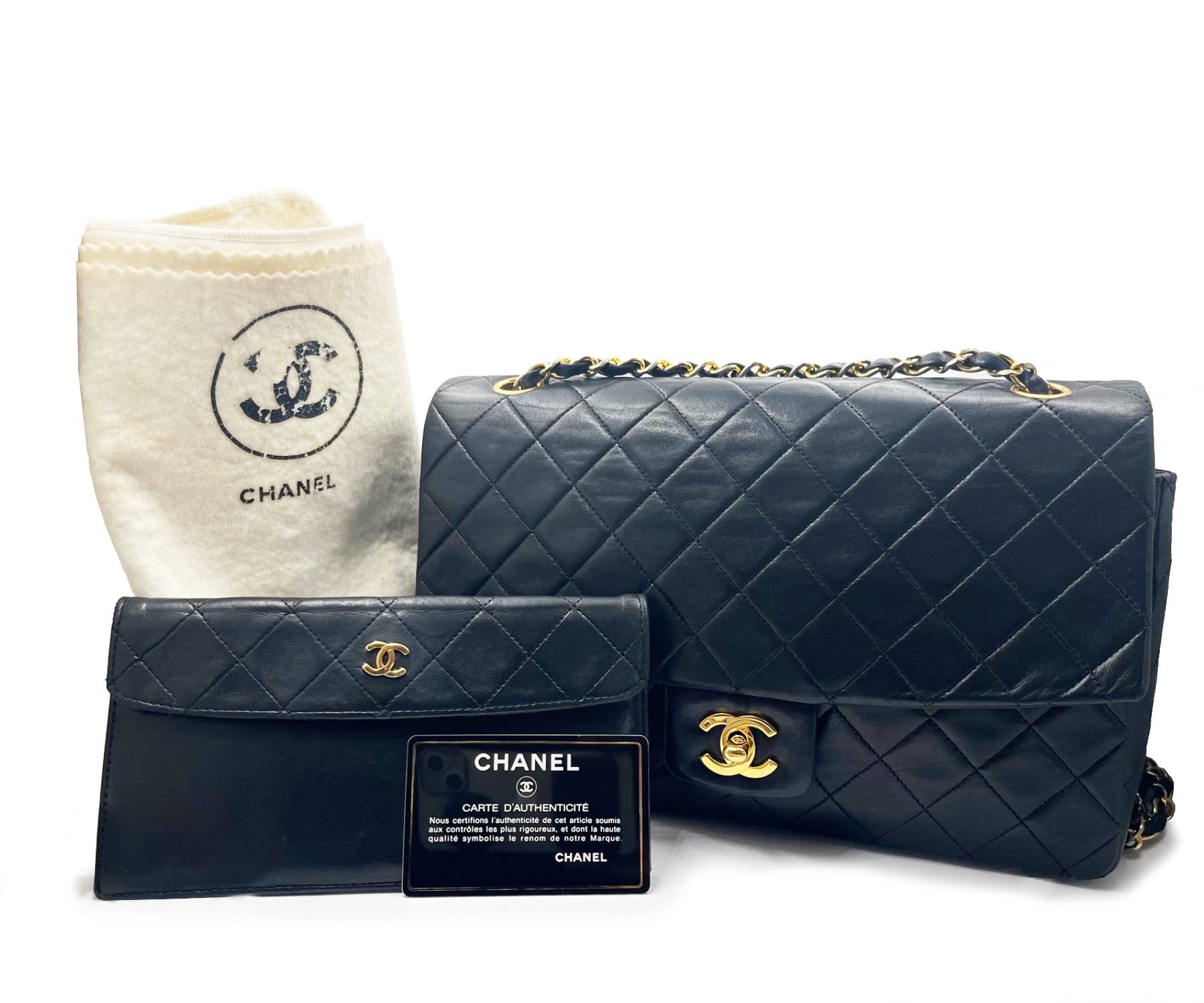 CHANEL Vintage RARE Classic Flap Black Wallet Shoulder Bag Set