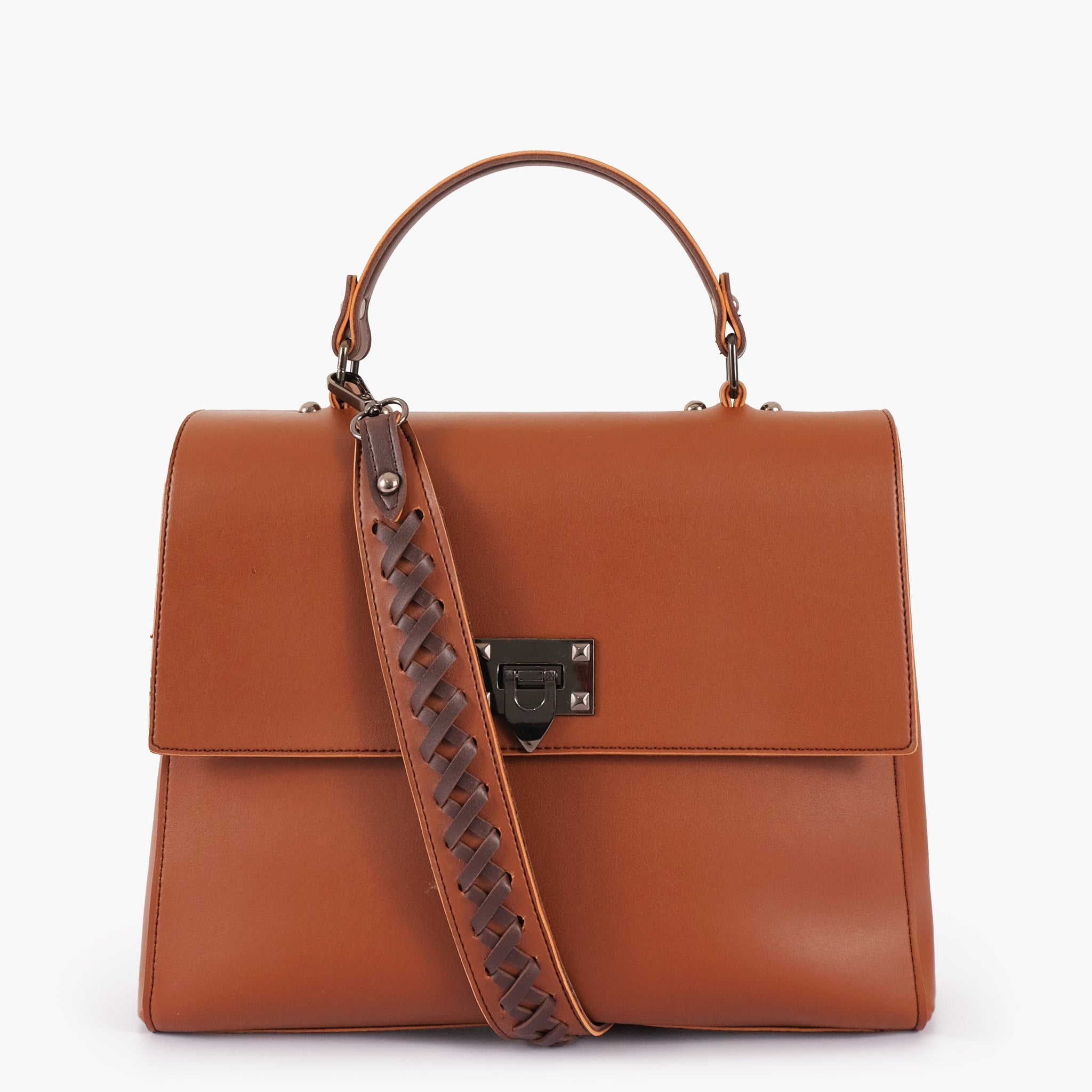 Brown flap-over top-handle bag