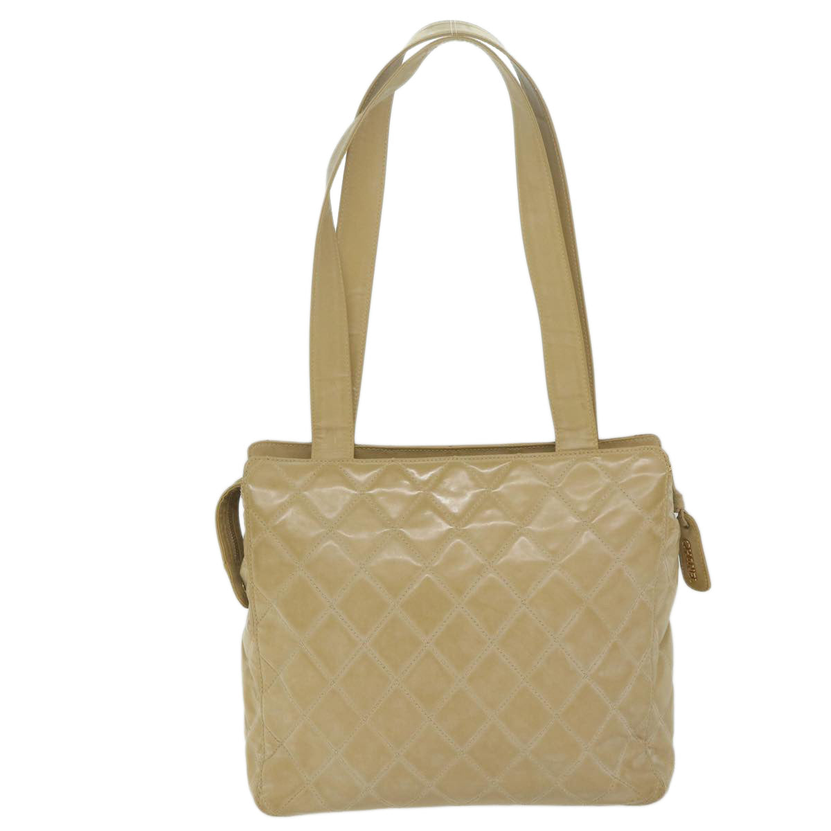 CHANEL Shoulder Bag Patent leather Beige CC Auth bs10487