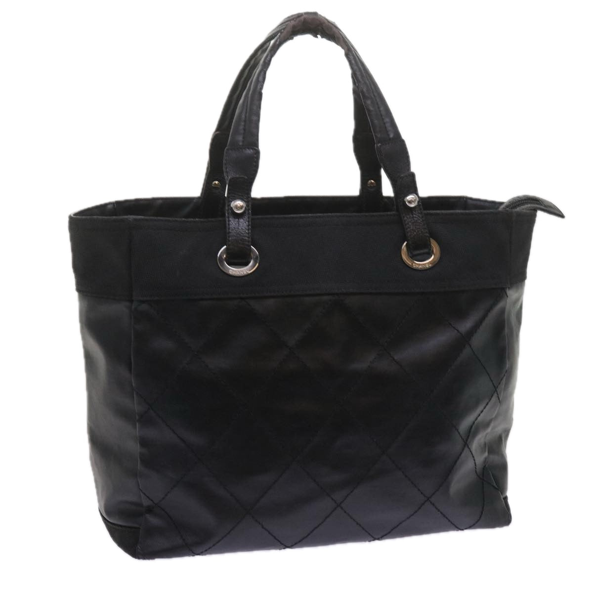 CHANEL Paris Biarritz MM Tote Bag Coated Canvas Black CC Auth bs10905