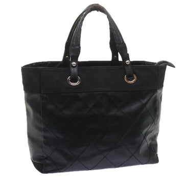 CHANEL Paris Biarritz MM Tote Bag Coated Canvas Black CC Auth bs10905