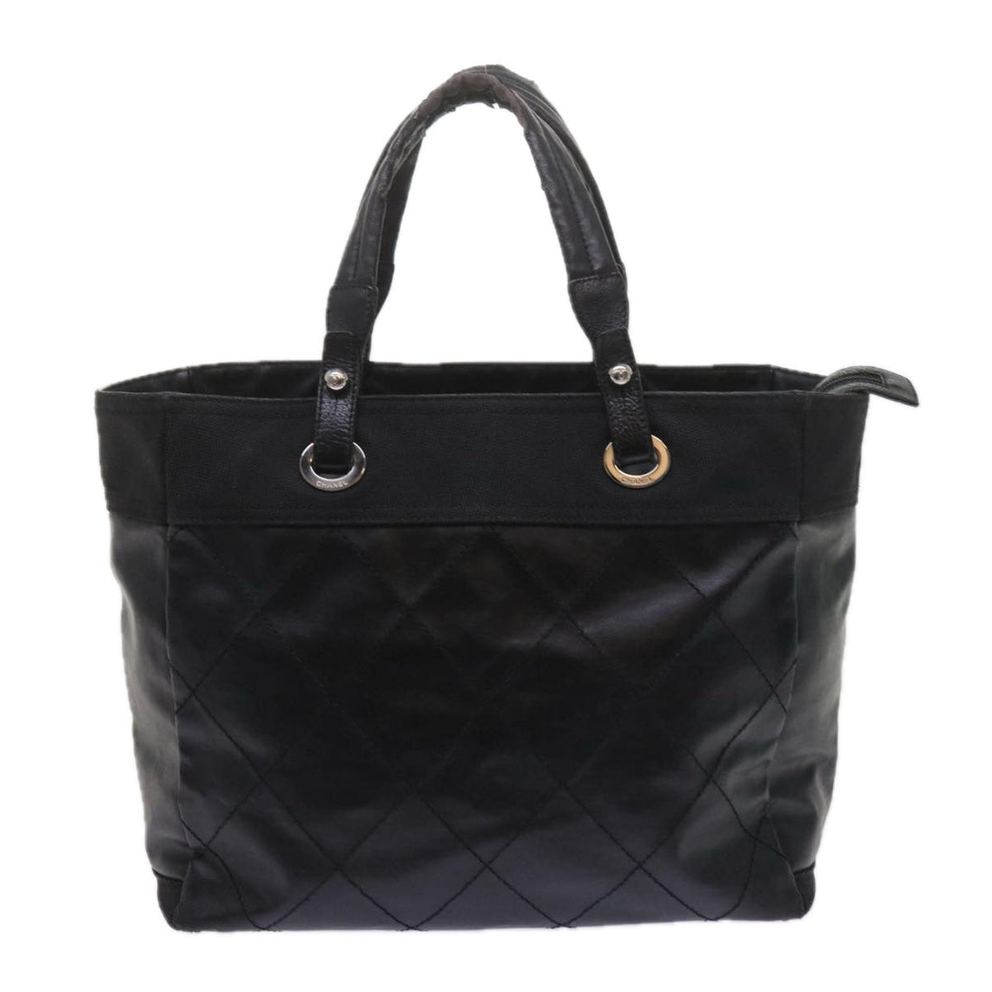 CHANEL Paris Biarritz MM Tote Bag Coated Canvas Black CC Auth bs10905