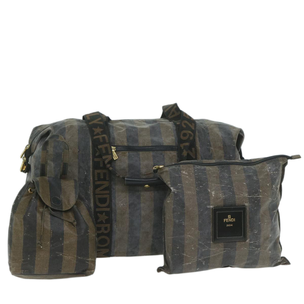 FENDI Pecan Canvas Pouch Boston Bag Coated Canvas 3Set Brown Black Auth bs11155