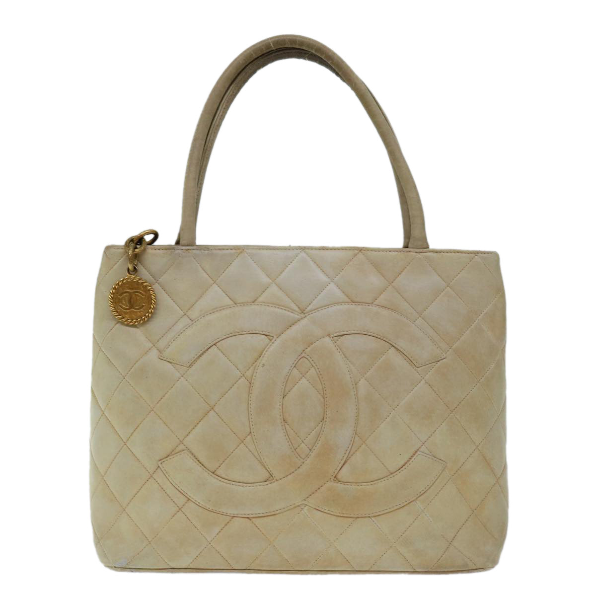 CHANEL Tote Bag Lamb Skin Beige CC Auth bs12535