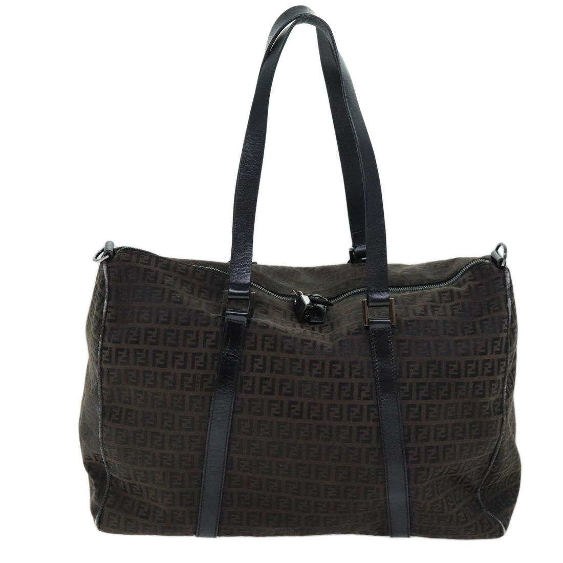 FENDI Zucchino Canvas Boston Bag Brown Black Auth bs14074