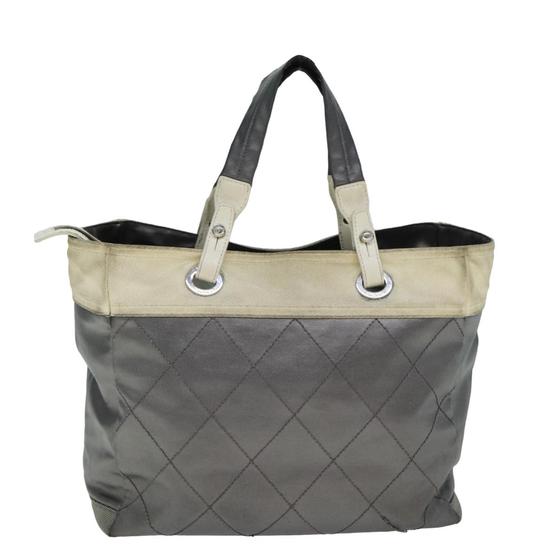 CHANEL Paris Biarritz Tote MM Tote Bag Coated Canvas Silver CC Auth bs15122