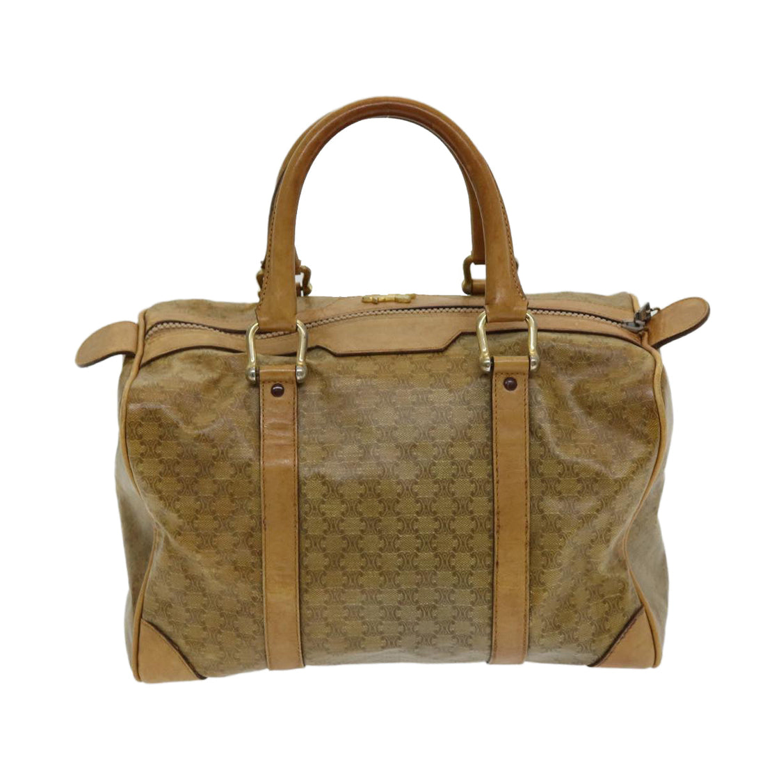 CELINE Macadam Canvas Boston Bag Beige Gold Auth bs16781
