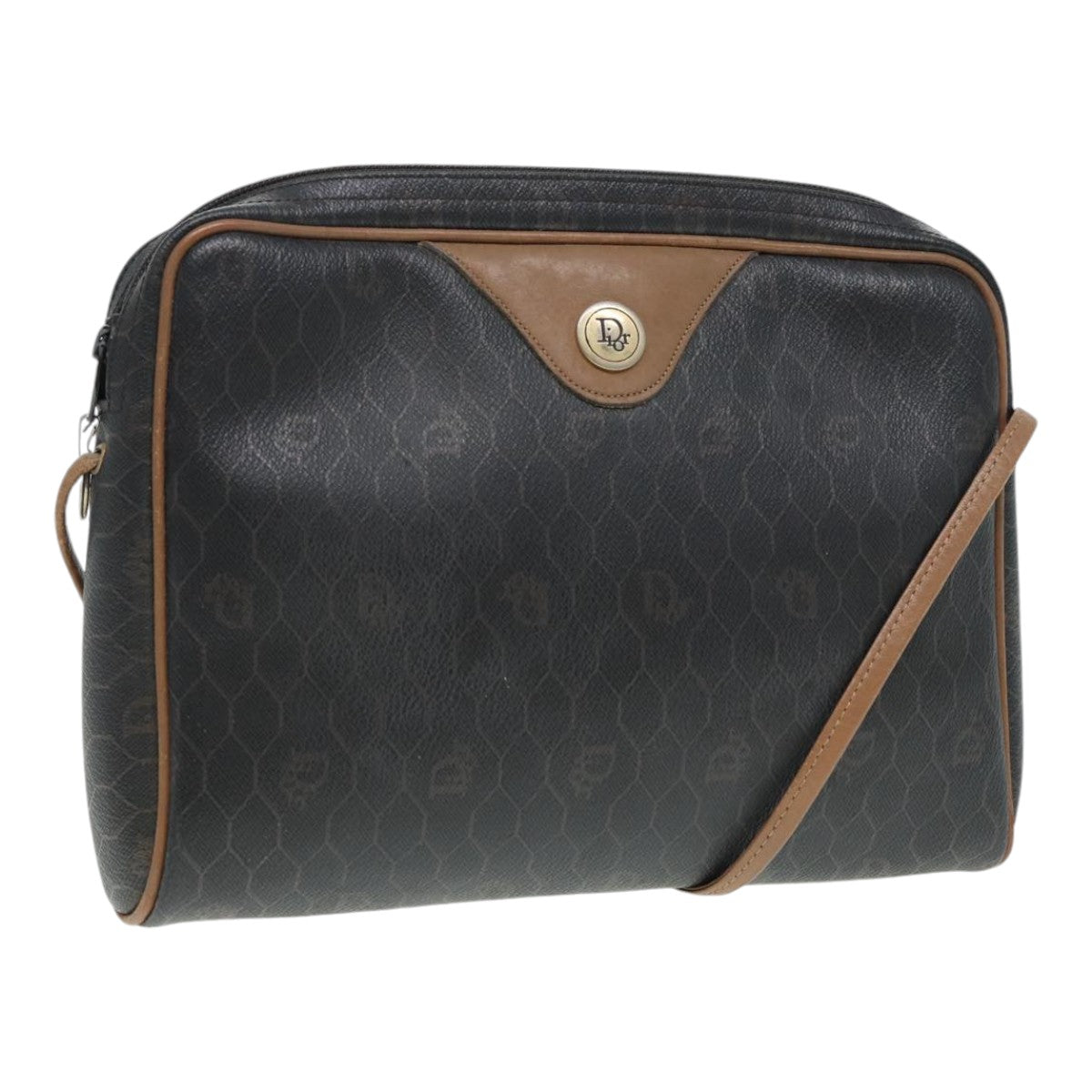 CHRISTIAN DIOR Honeycomb Canvas Shoulder Bag PVC Black Brown gold Auth bs16916