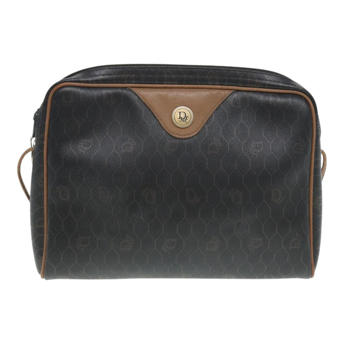 CHRISTIAN DIOR Honeycomb Canvas Shoulder Bag PVC Black Brown gold Auth bs16916