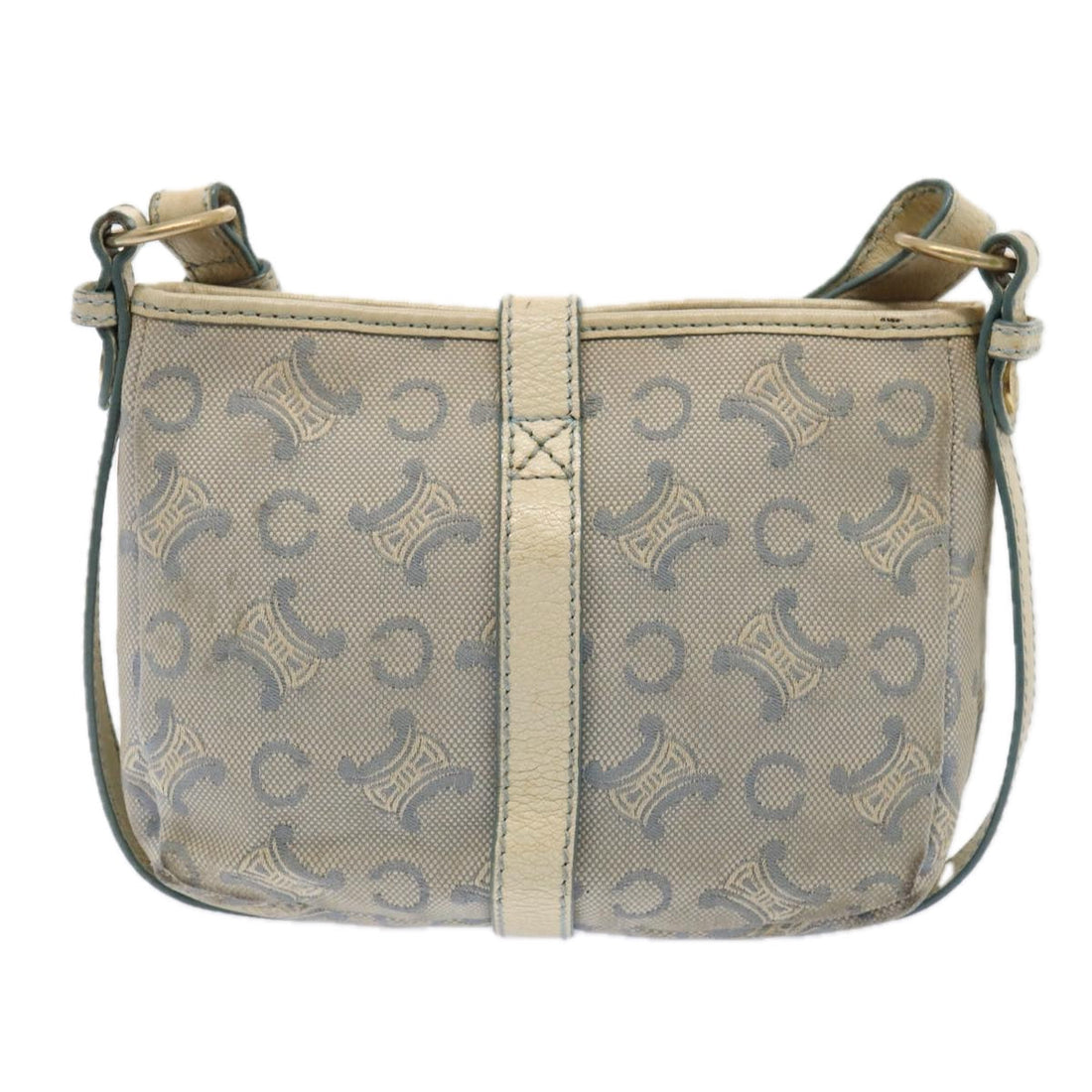 CELINE C Macadam Canvas Shoulder Bag Leather Light Blue White gold Auth bs16956
