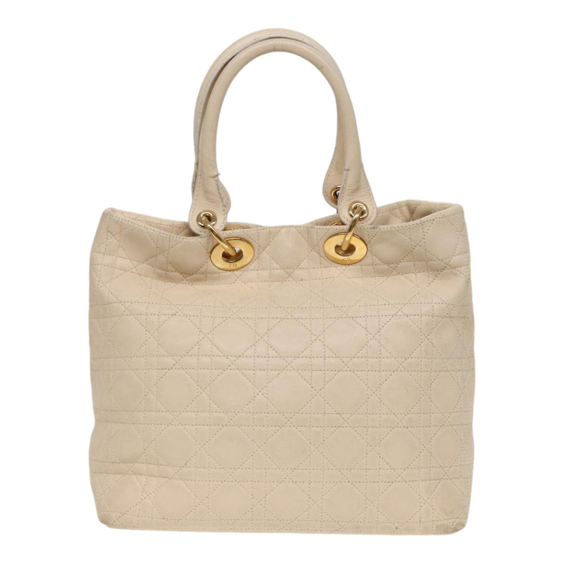CHRISTIAN DIOR Lady Dior Canage Hand Bag Leather Cream Gold Auth bs17094