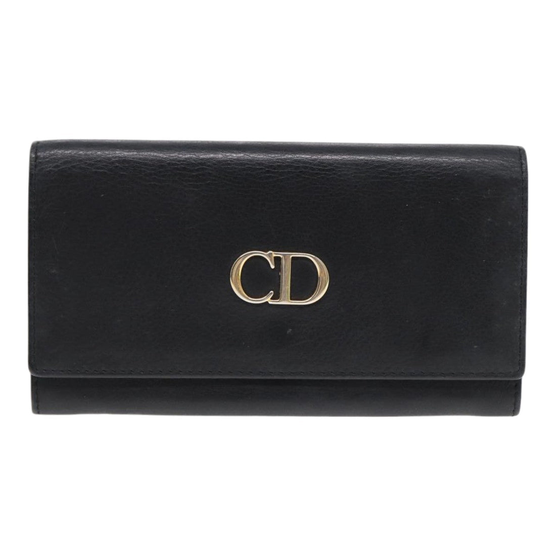CHRISTIAN DIOR Long Wallet Leather Black Gold Auth bs17142