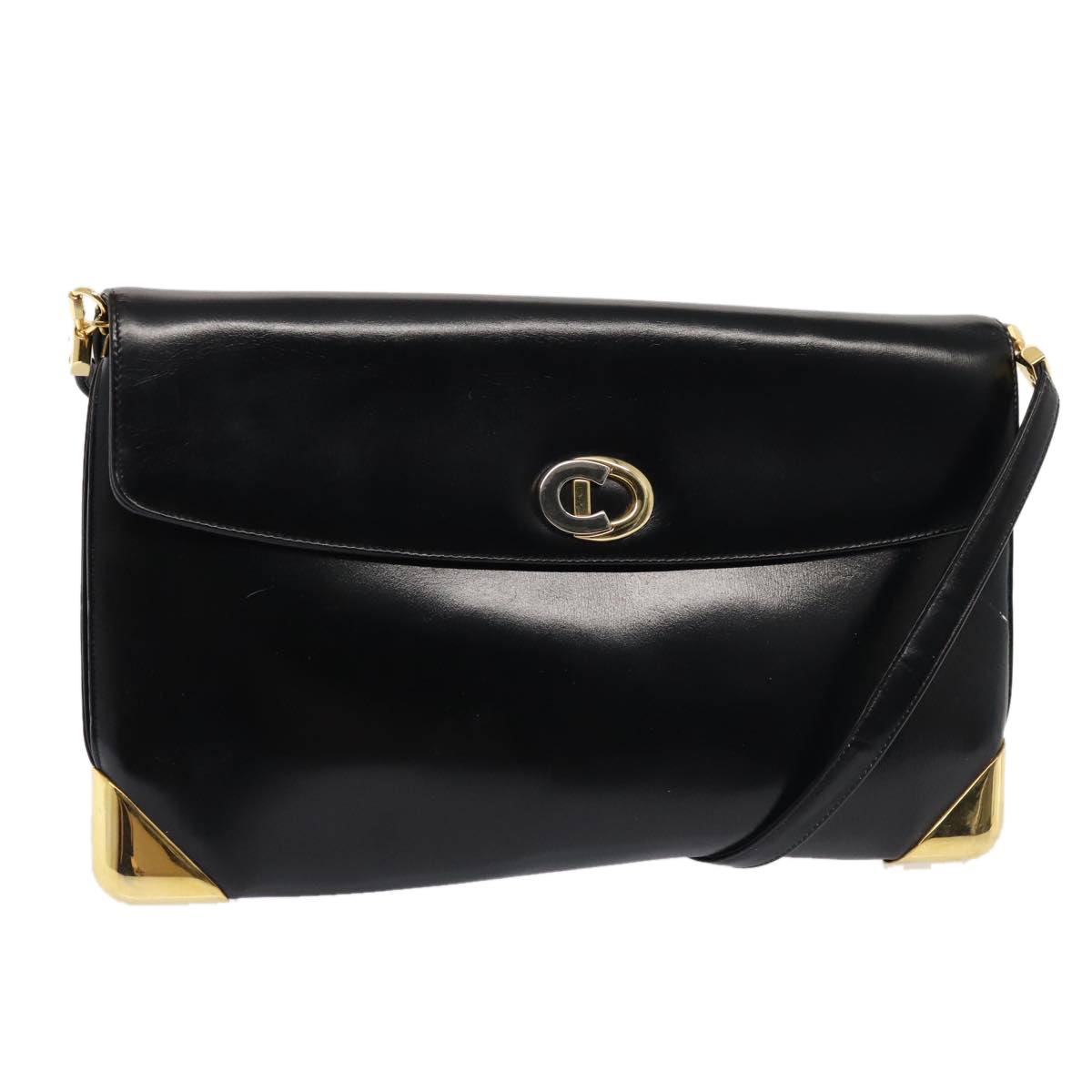 CHRISTIAN DIOR Shoulder Bag Leather Black Gold Auth bs17308