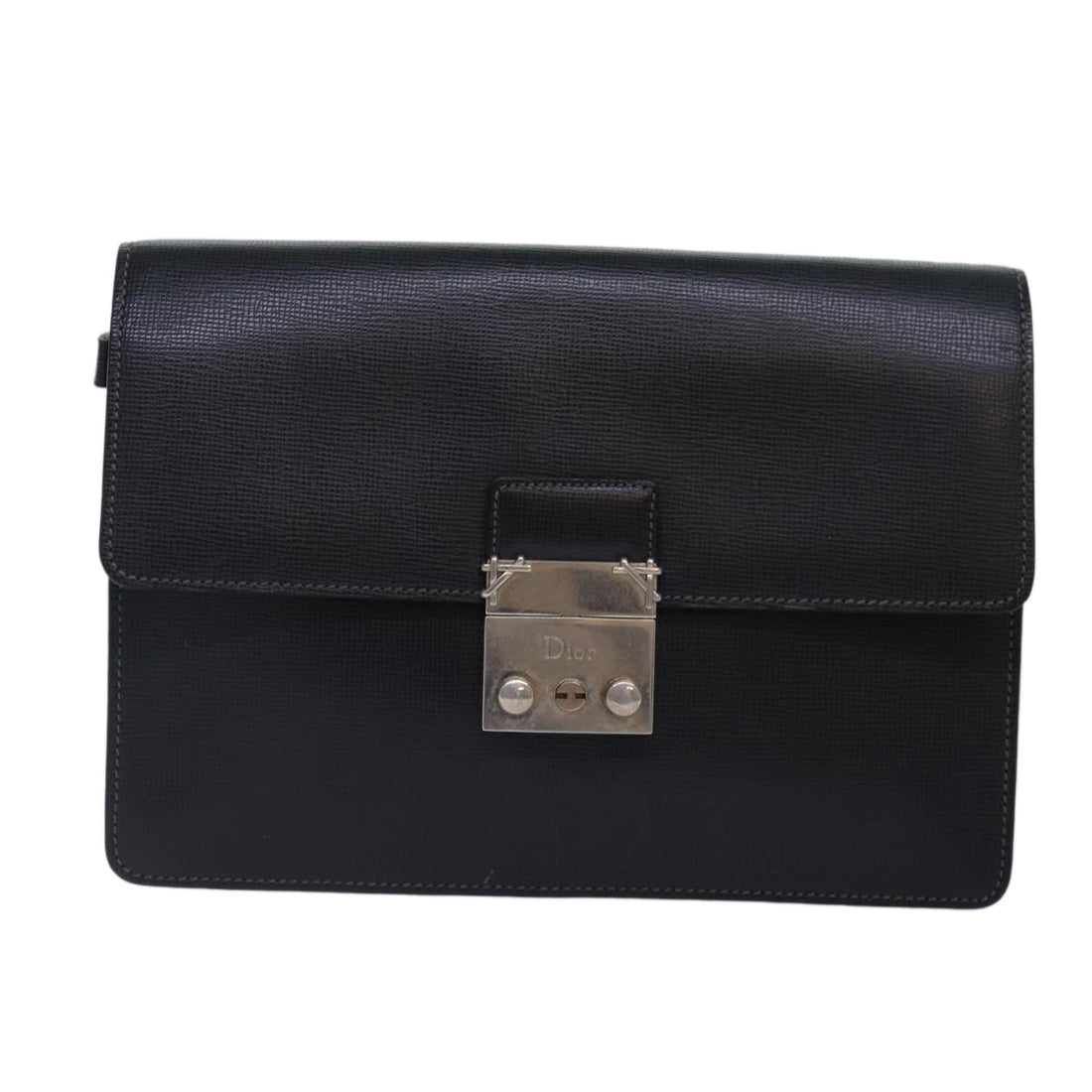 CHRISTIAN DIOR Clutch Bag Leather Black Silver Auth bs17656