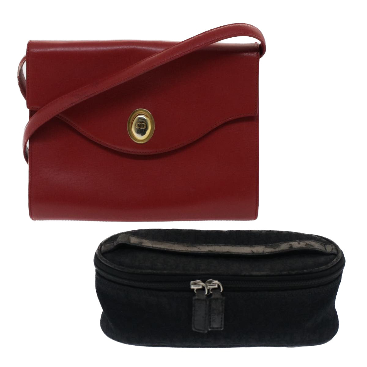 CHRISTIAN DIOR Pouch Shoulder Bag Leather 2Set Red Black Auth bs7409