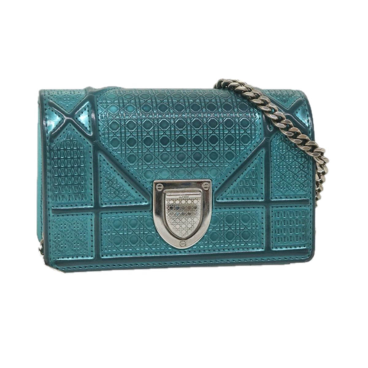 CHRISTIAN DIOR Chain Shoulder Bag Patent leather Light Blue Auth bs9340