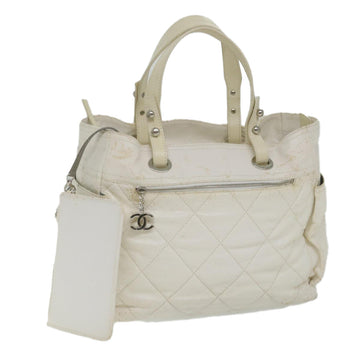 CHANEL Paris Biarritz Tote Bag Coated Canvas White CC Auth bs9935