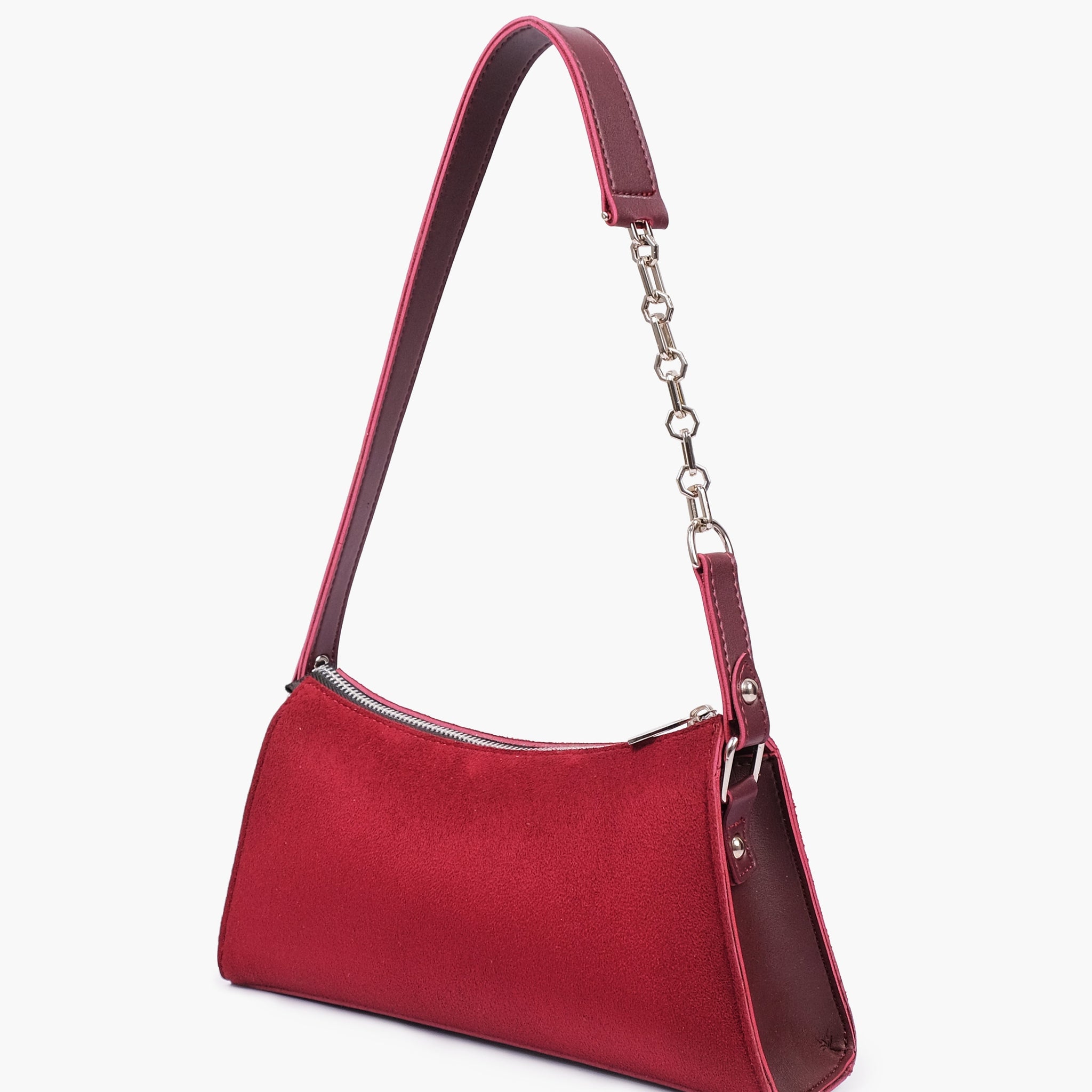Burgundy suede evening bag with chain handle