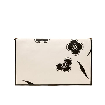 Chanel Ivory and Black Camellia Envelope Clutch with Strap