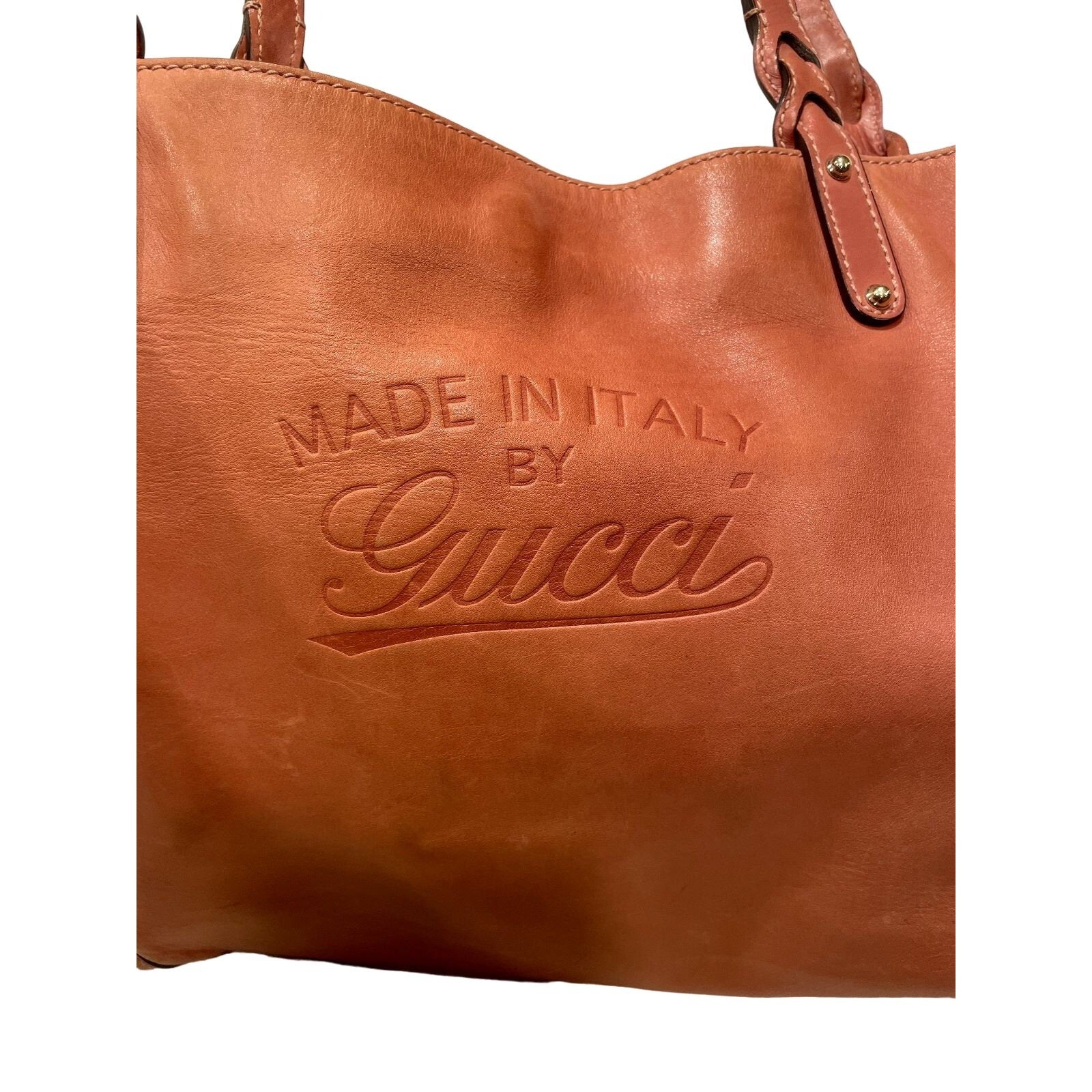 Gucci caramel leather craft XL tote with a python wallet, braided handles, & 'Made in Italy by Gucci' embossed on the front
