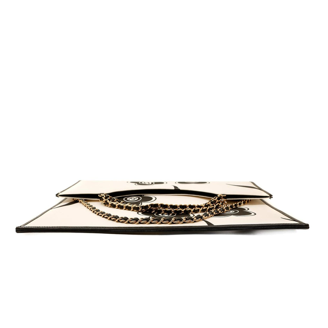 Chanel Ivory and Black Camellia Envelope Clutch with Strap