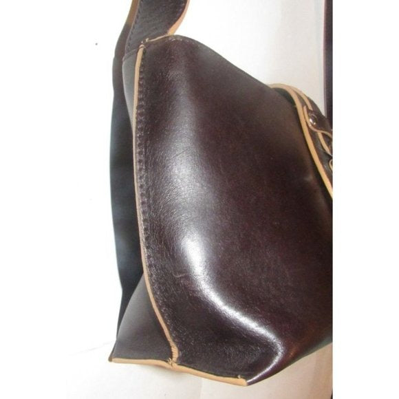 Furla Dark Brown Leather Shoulder Satchel with Camel Piping & Chrome Accents